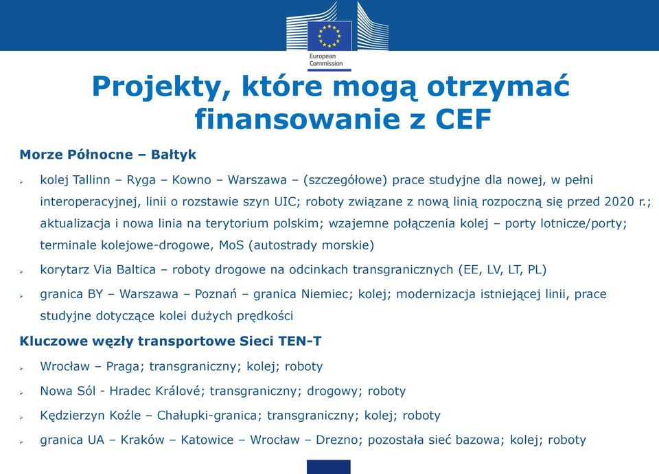 ; aktualizacja i nowa linia na terytorium polskim; wzajemne połączenia kolej porty lotnicze/porty; terminale kolejowe-drogowe, MoS (autostrady morskie) korytarz Via Baltica roboty drogowe na