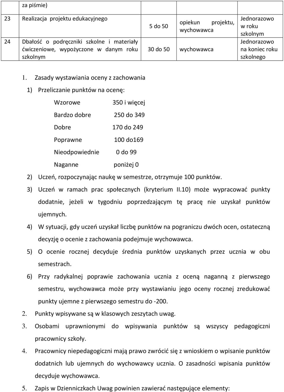 Uczeń, rozpoczynając naukę, otrzymuje 100 punktów. 3) Uczeń w ramach prac społecznych (kryterium II.