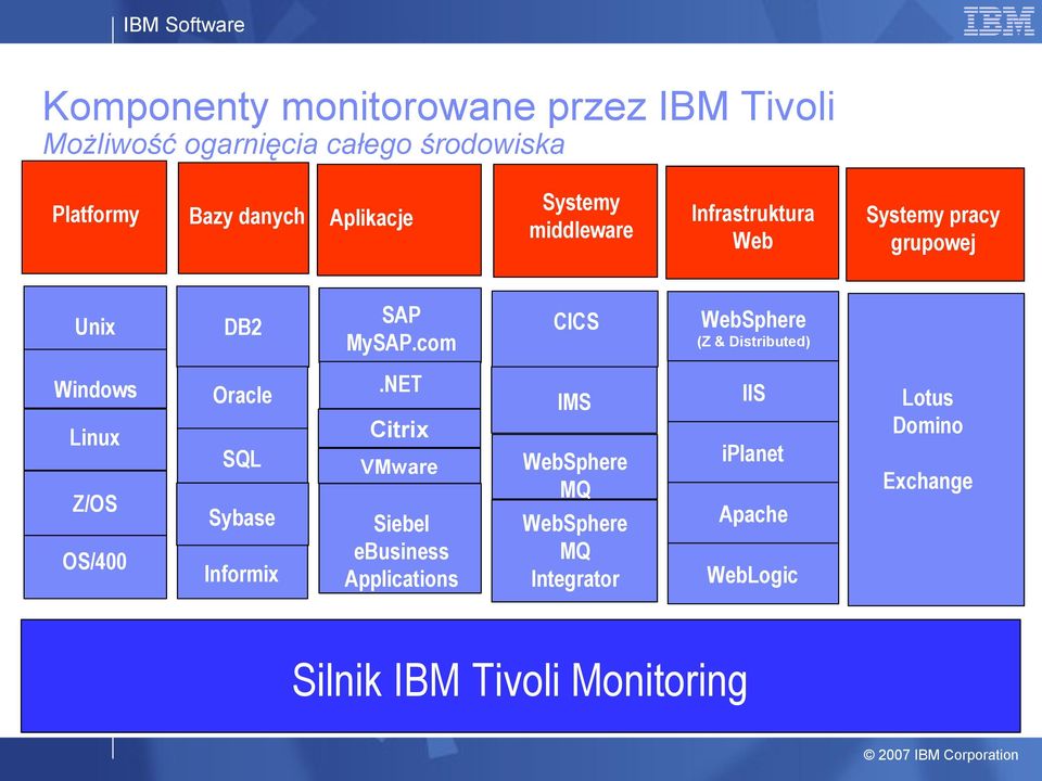 NET Linux Z/OS OS/400 Aplikacje Systemy middleware CICS Sybase Informix VMware Siebel ebusiness Applications