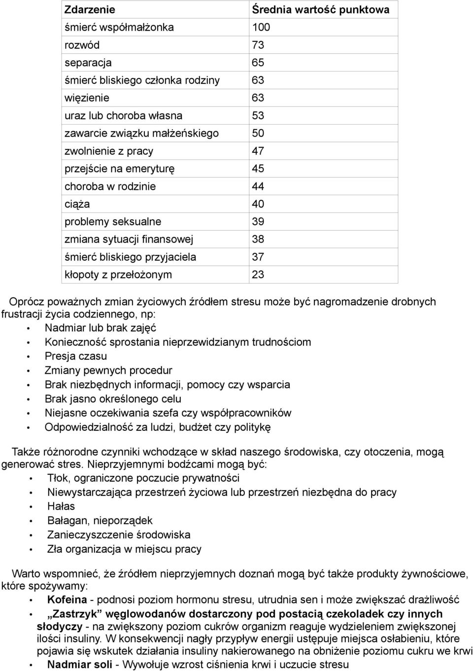 zmian życiowych źródłem stresu może być nagromadzenie drobnych frustracji życia codziennego, np: Nadmiar lub brak zajęć Konieczność sprostania nieprzewidzianym trudnościom Presja czasu Zmiany pewnych