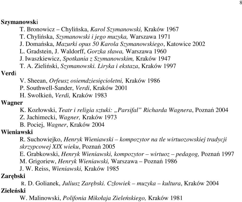 Sheean, Orfeusz osiemdziesięcioletni, Kraków 1986 P. Southwell-Sander, Verdi, Kraków 2001 H. Swolkień, Verdi, Kraków 1983 Wagner K.