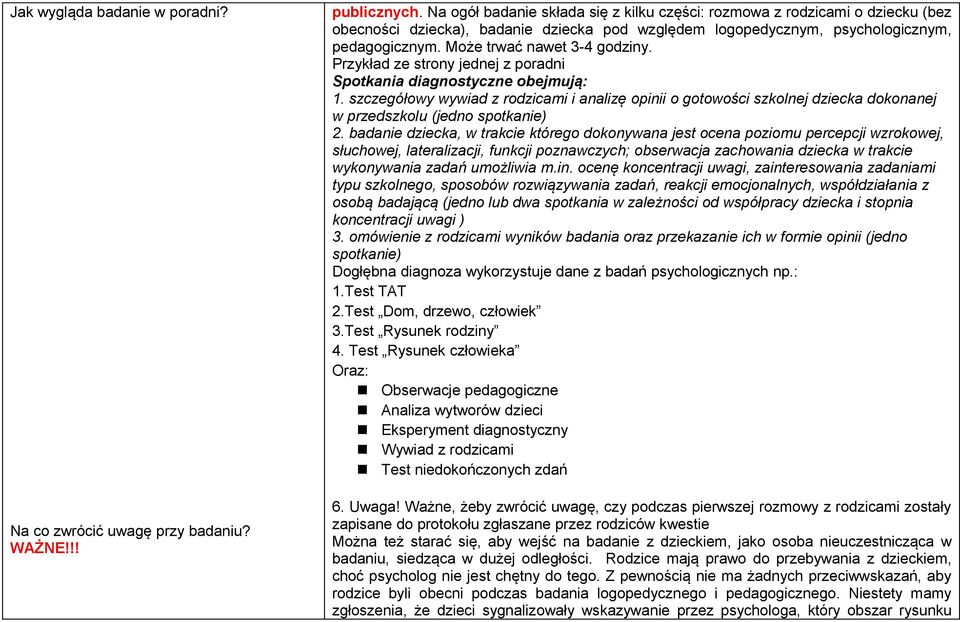 Może trwać nawet 3-4 godziny. Przykład ze strony jednej z poradni Spotkania diagnostyczne obejmują: 1.