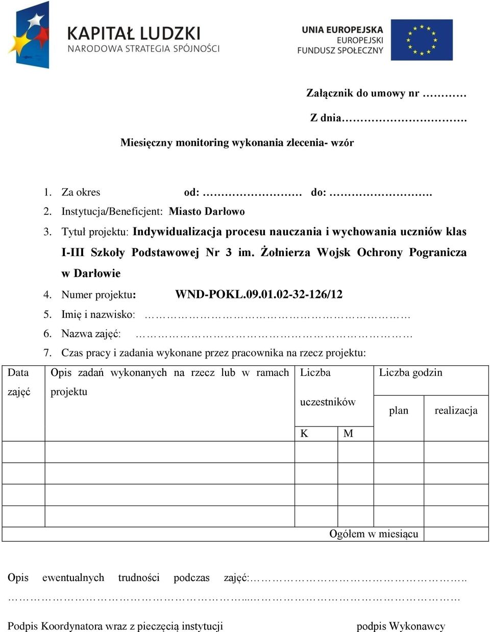 Numer projektu: WND-POKL.09.01.02-32-126/12 5. Imię i nazwisko: 6. Nazwa zajęć: 7.