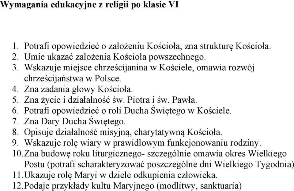 Potrafi opowiedzieć o roli Ducha Świętego w Kościele. 7. Zna Dary Ducha Świętego. 8. Opisuje działalność misyjną, charytatywną Kościoła. 9.