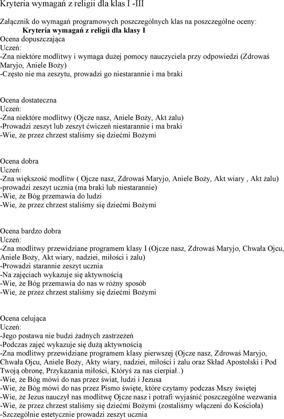 nasz, Aniele Boży, Akt żalu) -Prowadzi zeszyt lub zeszyt ćwiczeń niestarannie i ma braki -Wie, że przez chrzest staliśmy się dziećmi Bożymi Ocena dobra -Zna większość modlitw ( Ojcze nasz, Zdrowaś