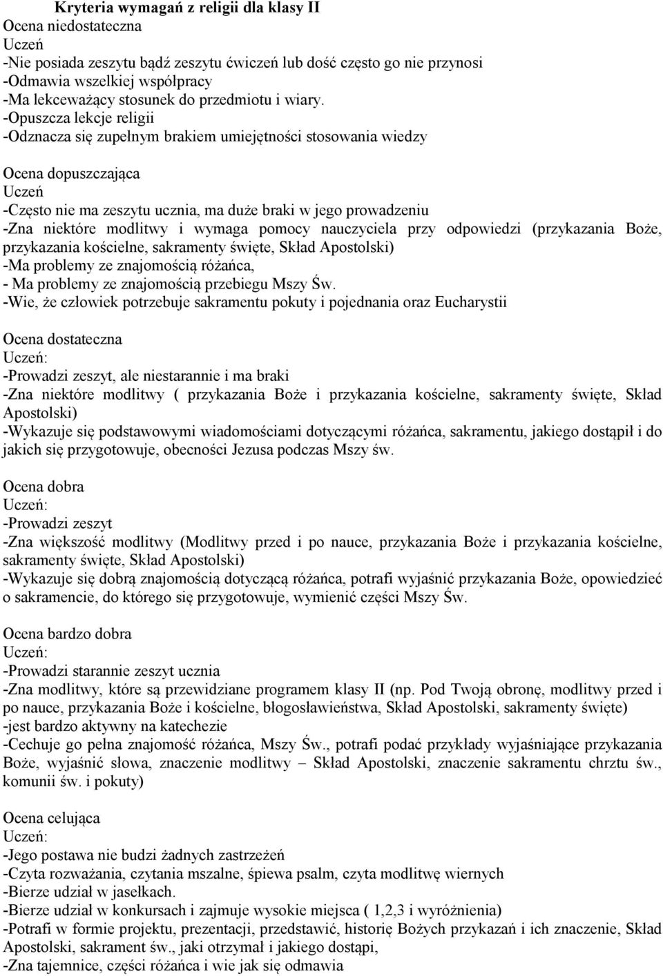 -Opuszcza lekcje religii -Odznacza się zupełnym brakiem umiejętności stosowania wiedzy Ocena dopuszczająca Uczeń -Często nie ma zeszytu ucznia, ma duże braki w jego prowadzeniu -Zna niektóre modlitwy