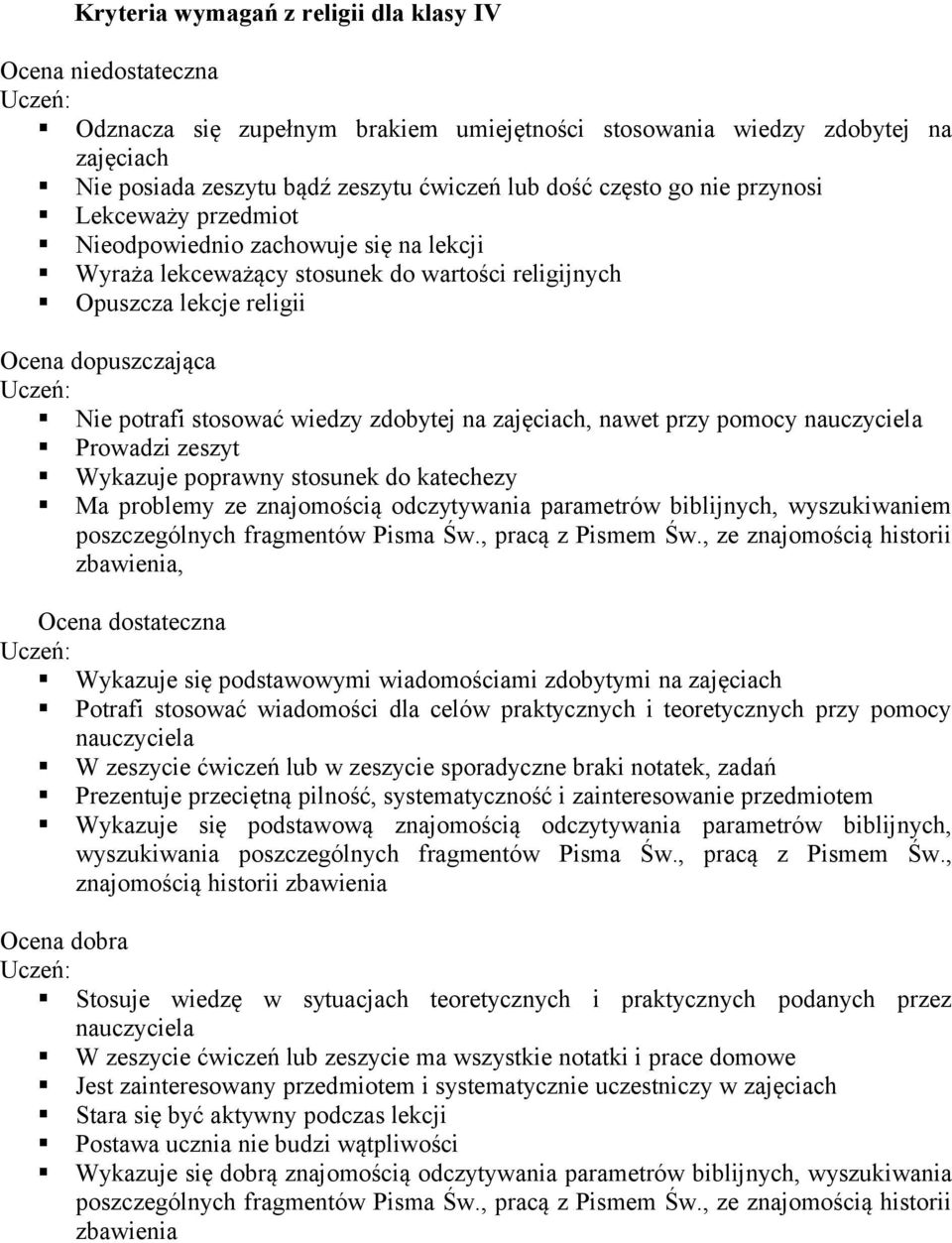 wiedzy zdobytej na zajęciach, nawet przy pomocy nauczyciela Prowadzi zeszyt Wykazuje poprawny stosunek do katechezy Ma problemy ze znajomością odczytywania parametrów biblijnych, wyszukiwaniem