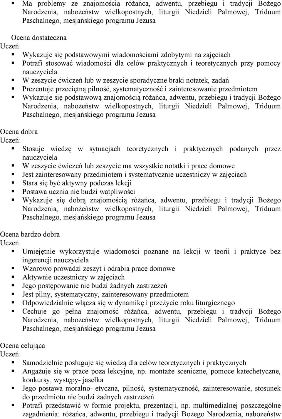 sporadyczne braki notatek, zadań Prezentuje przeciętną pilność, systematyczność i zainteresowanie przedmiotem Wykazuje się podstawową znajomością różańca, adwentu, przebiegu i tradycji Bożego