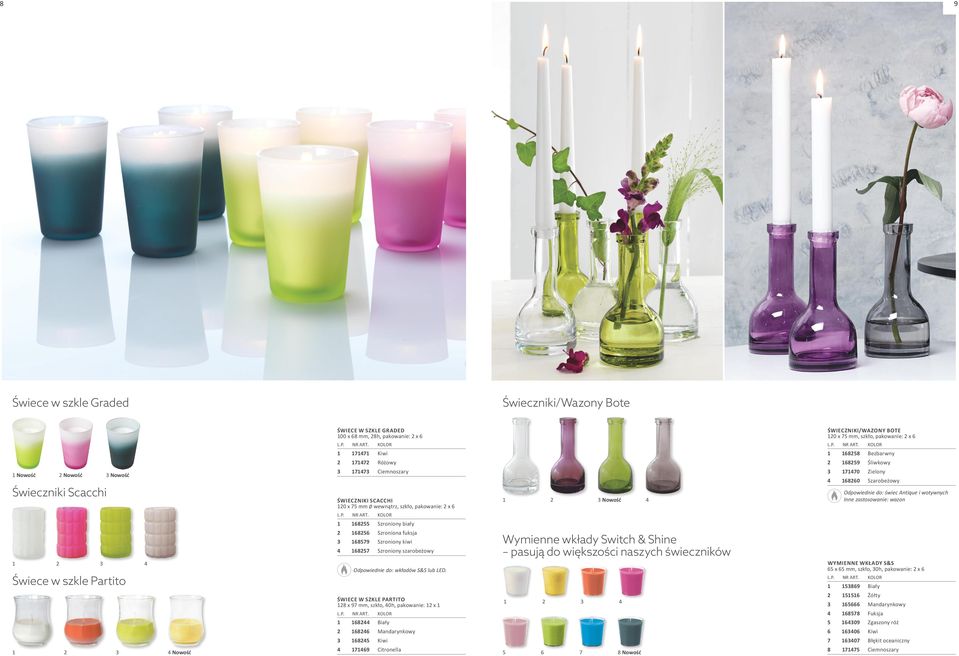 Nowość Odpowiednie do: świec Antique i wotywnych Inne zastosowanie: wazon ŚWIECE W SZKLE PARTITO x 9 mm, szkło, 0h, pakowanie: x Nowość Wymienne wkłady Switch & Shine pasują do większości naszych