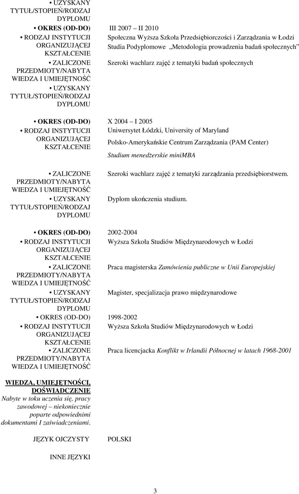 Center) Studium menedżerskie minimba ZALICZONE UZYSKANY Szeroki wachlarz zajęć z tematyki zarządzania przedsiębiorstwem. Dyplom ukończenia studium.