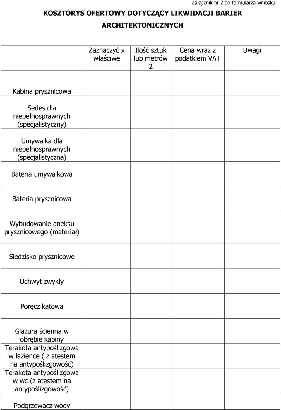 Bateria umywalkowa Bateria prysznicowa Wybudowanie aneksu prysznicowego (materiał) Siedzisko prysznicowe Uchwyt zwykły Poręcz kątowa Glazura ścienna w