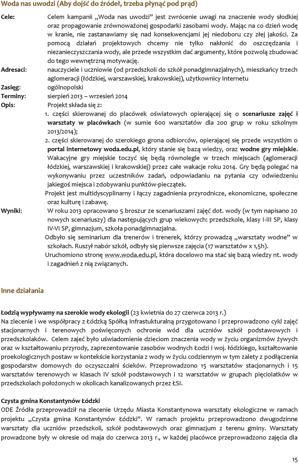 Za pomocą działań projektowych chcemy nie tylko nakłonić do oszczędzania i niezanieczyszczania wody, ale przede wszystkim dać argumenty, które pozwolą zbudować do tego wewnętrzną motywację.