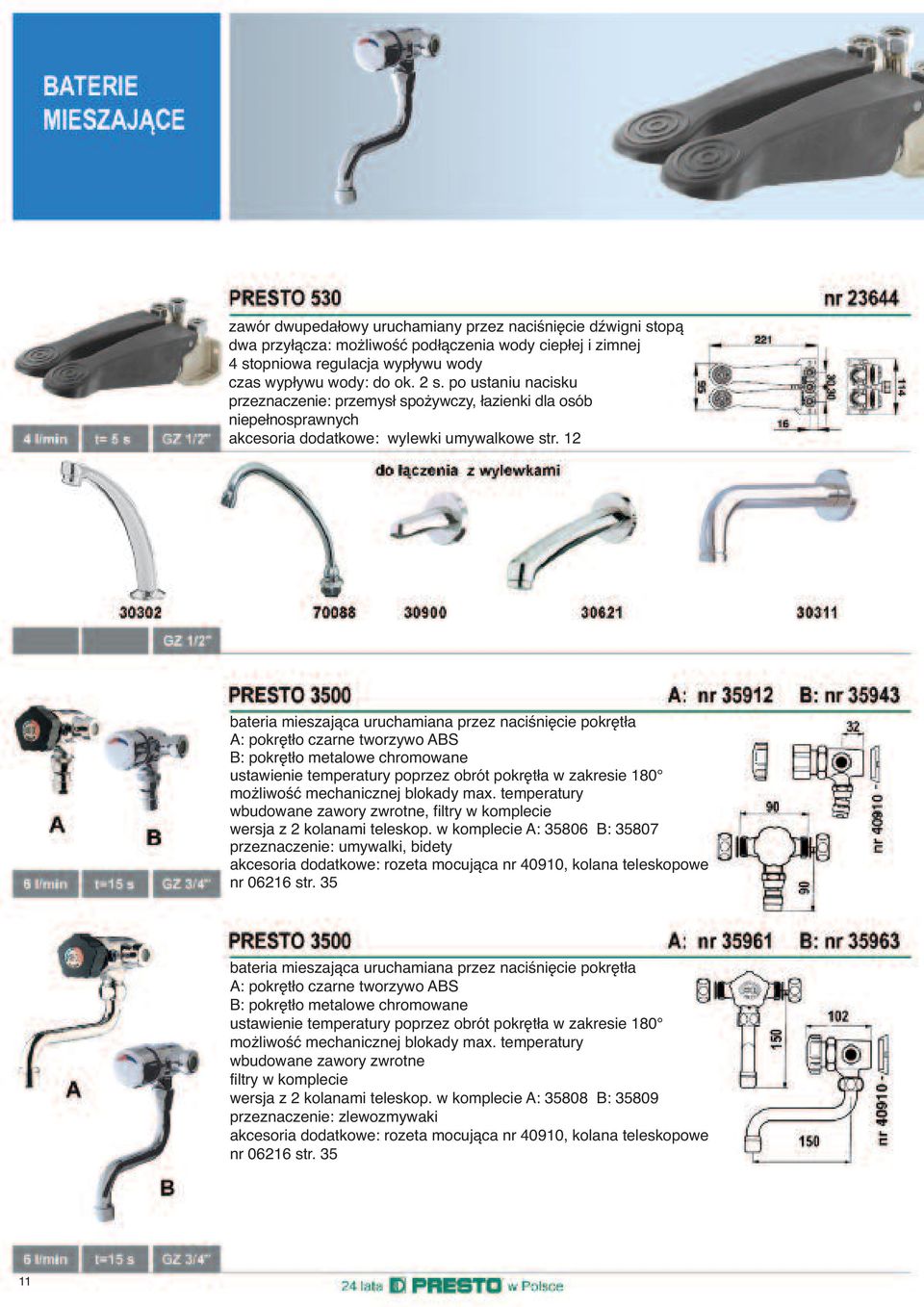 12 bateria mieszająca uruchamiana przez naciśnięcie pokrętła A: pokrętło czarne tworzywo ABS B: pokrętło metalowe chromowane ustawienie temperatury poprzez obrót pokrętła w zakresie 180 możliwość