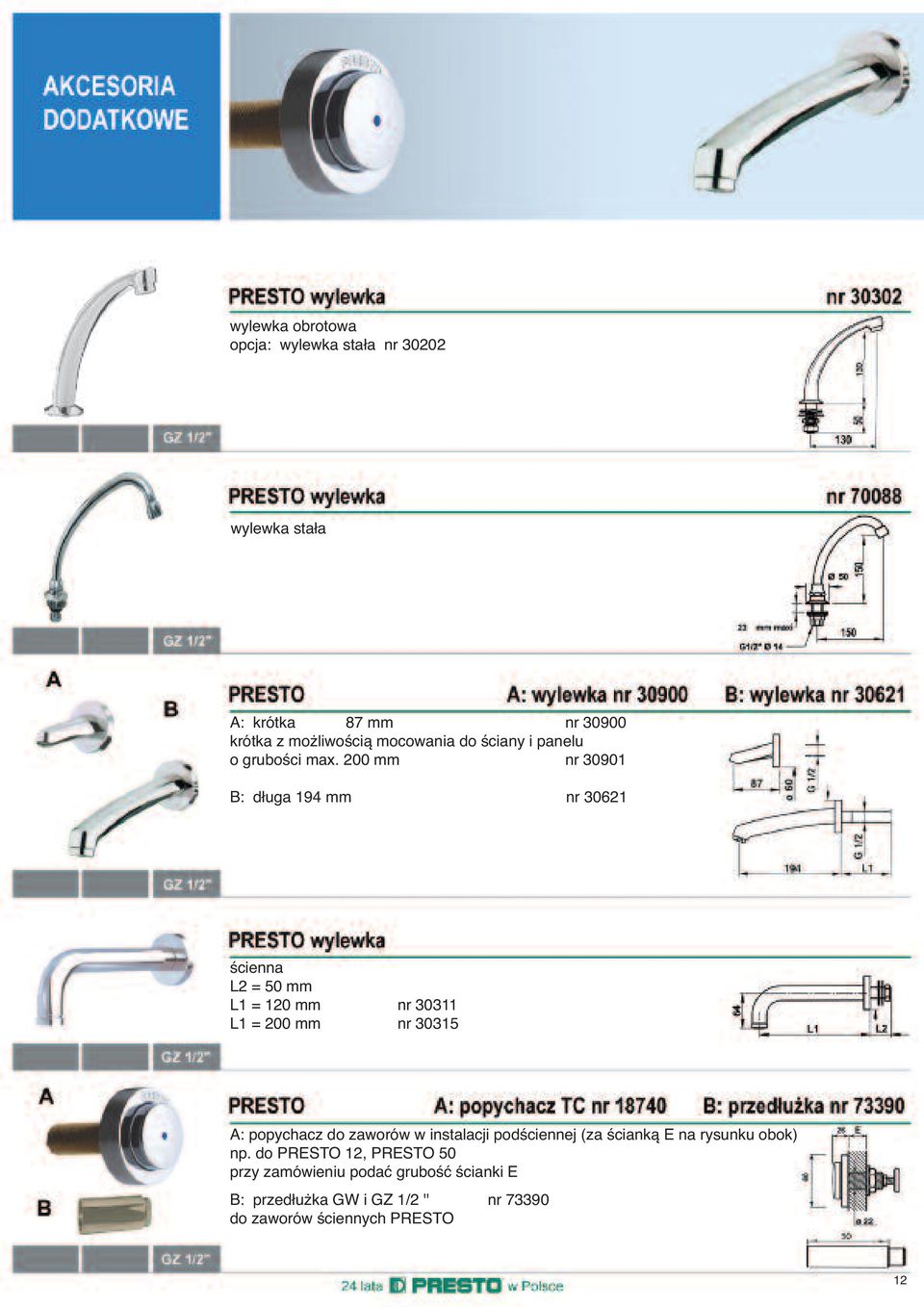 200 mm nr 30901 B: długa 194 mm nr 30621 ścienna L2 = 50 mm L1 = 120 mm nr 30311 L1 = 200 mm nr 30315 A: popychacz do