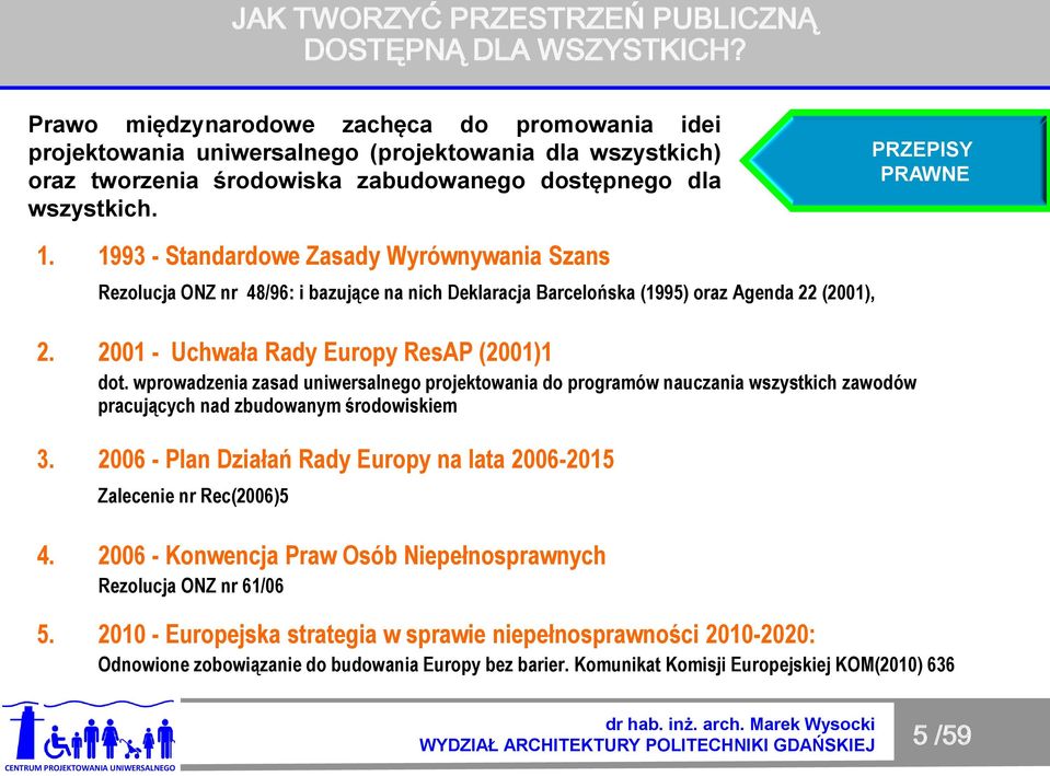 wprowadzenia zasad uniwersalnego projektowania do programów nauczania wszystkich zawodów pracujących nad zbudowanym środowiskiem 3.