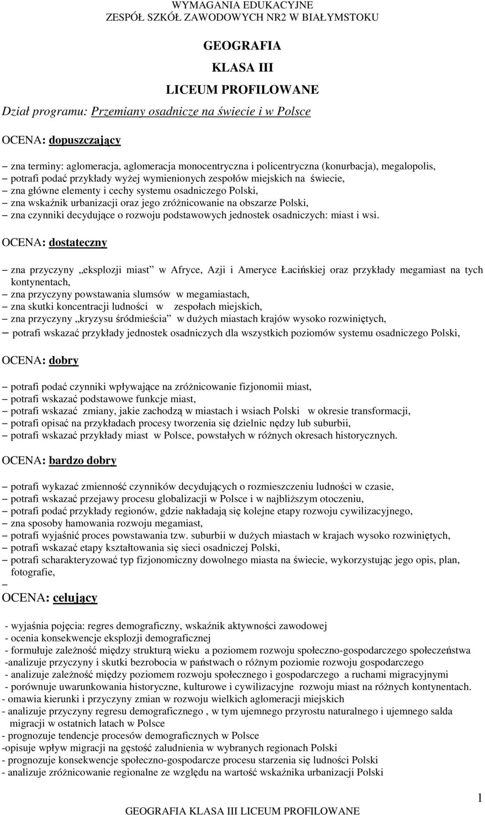 zróŝnicowanie na obszarze Polski, zna czynniki decydujące o rozwoju podstawowych jednostek osadniczych: miast i wsi.