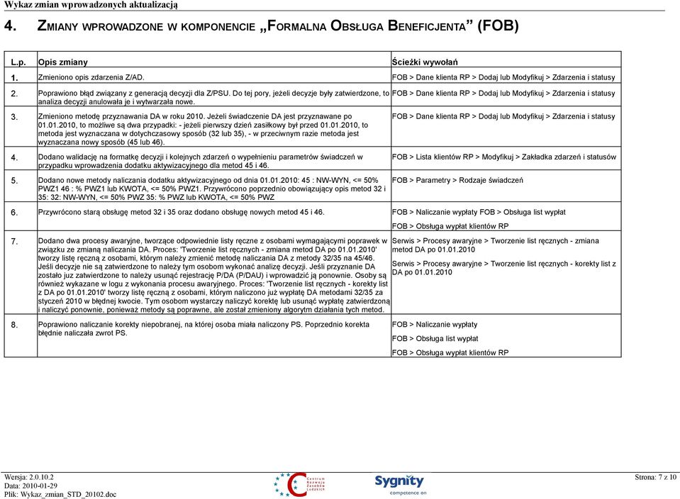 FOB > Dane klienta RP > Dodaj lub Modyfikuj > Zdarzenia i statusy 3. Zmieniono metodę przyznawania DA w roku 2010. Jeżeli świadczenie DA jest przyznawane po 01.01.2010, to możliwe są dwa przypadki: - jeżeli pierwszy dzień zasiłkowy był przed 01.