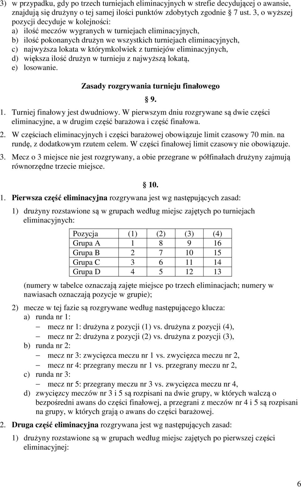 którymkolwiek z turniejów eliminacyjnych, d) większa ilość drużyn w turnieju z najwyższą lokatą, e) losowanie. Zasady rozgrywania turnieju finałowego 1. Turniej finałowy jest dwudniowy.