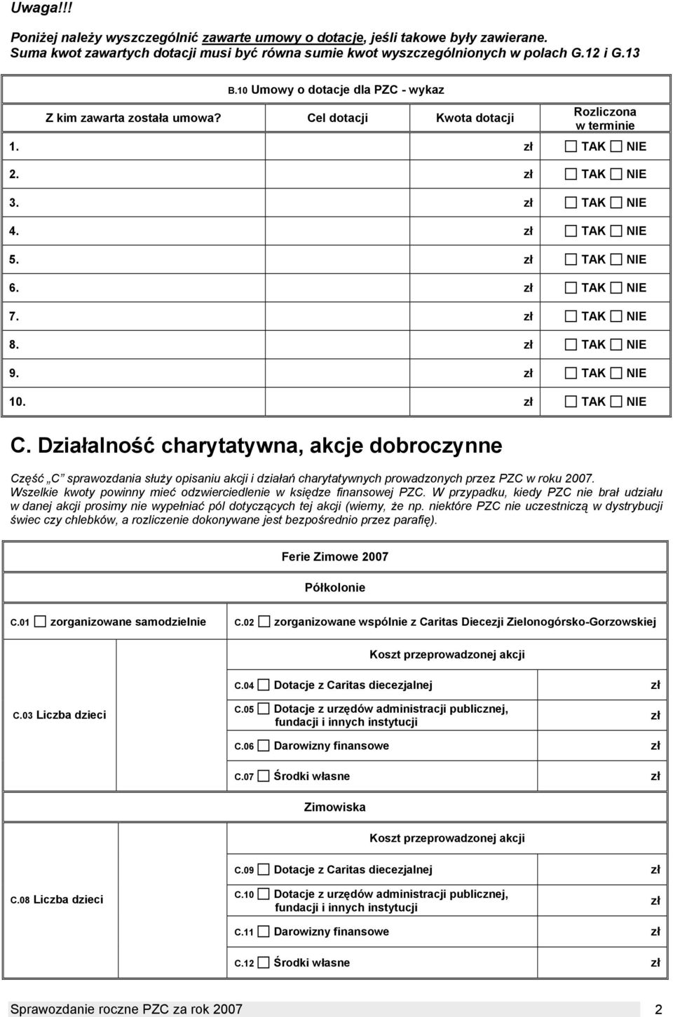 TAK NIE 9. TAK NIE 10. TAK NIE C. Działalność charytatywna, akcje dobroczynne Część C sprawozdania służy opisaniu akcji i działań charytatywnych prowadzonych przez PZC w roku 2007.