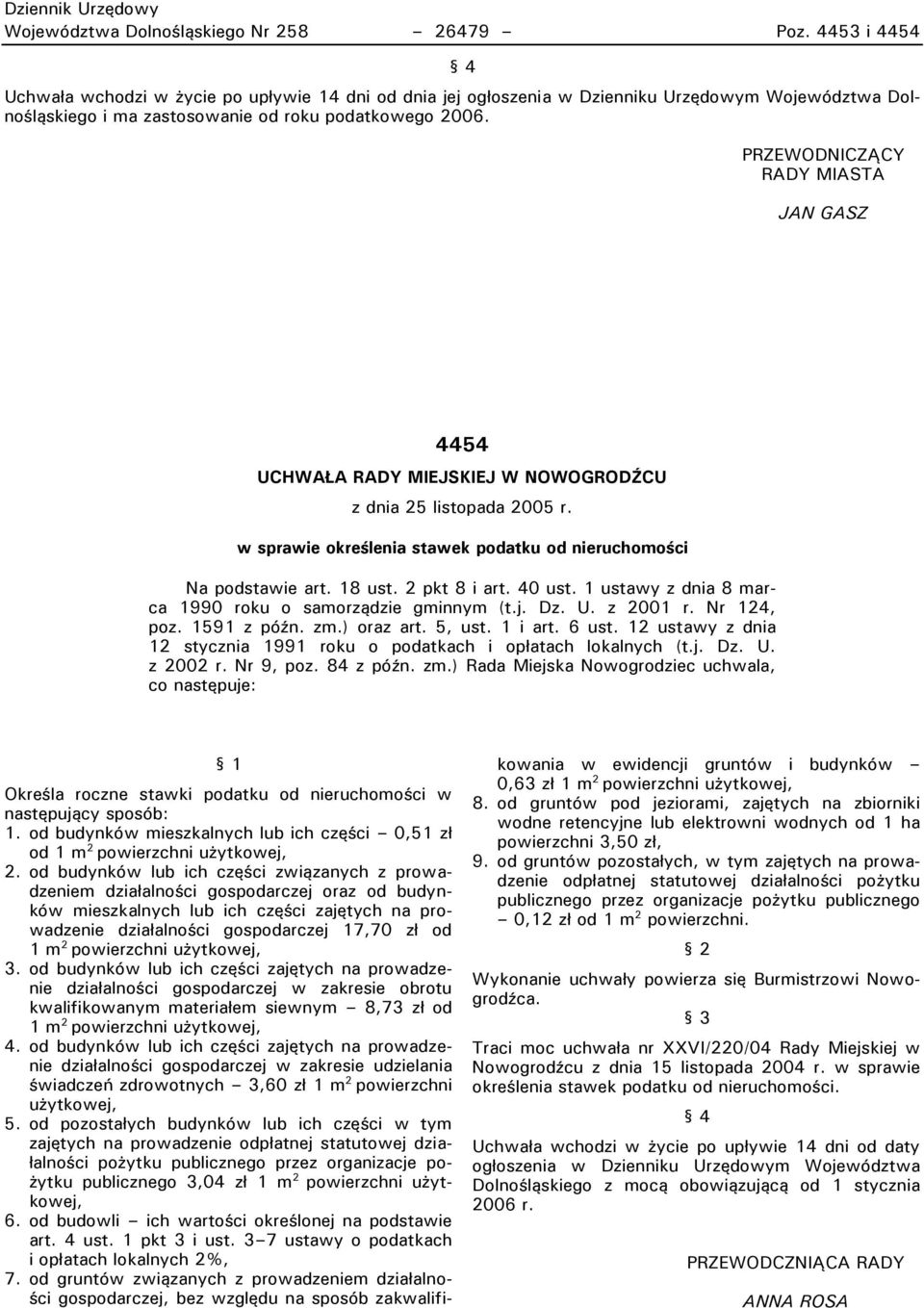 PRZEWODNICZĄCY RADY MIASTA JAN GASZ 4454 UCHWAŁA RADY MIEJSKIEJ W NOWOGRODŹCU z dnia 25 listopada 2005 r. w sprawie określenia stawek podatku od nieruchomości Na podstawie art. 18 ust. 2 pkt 8 i art.