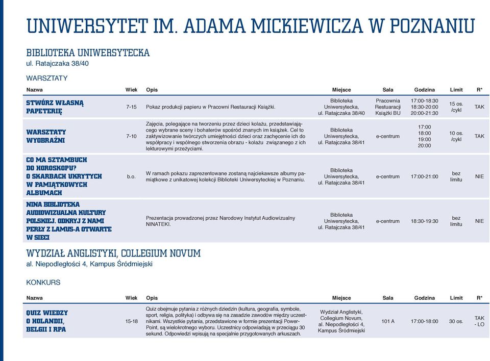 Ratajczaka 38/40 Pracownia Restuaracji Książki BU 17:00-18:30 18:30-20:00 20:00-21:30 WARSZTATY WYOBRAŹNI 7-10 Zajęcia, polegające na tworzeniu przez dzieci kolażu, przedstawiającego wybrane sceny i