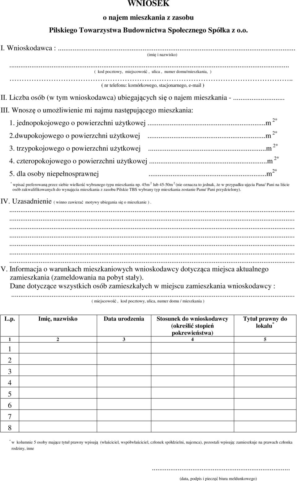 jednopokojowego o powierzchni użytkowej...m *.dwupokojowego o powierzchni użytkowej...m *. trzypokojowego o powierzchni użytkowej...m *. czteropokojowego o powierzchni użytkowej...m *. dla osoby niepełnosprawnej.