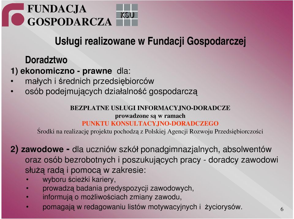 Przedsiębiorczości 2) zawodowe - dla uczniów szkół ponadgimnazjalnych, absolwentów oraz osób bezrobotnych i poszukujących pracy - doradcy zawodowi służą radą i pomocą