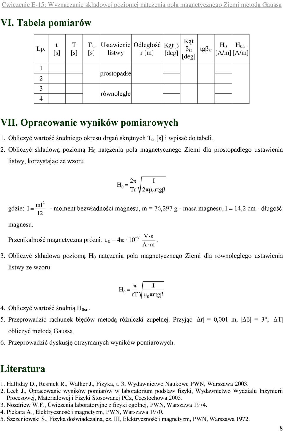 . Obliczyć składową poziomą natężenia pola magnetycznego Ziemi dla prostopadłego ustawienia listwy, korzystając ze wzoru Tr rtg ml gdzie: - moment bezwładności magnesu, m = 76,97 g - masa magnesu, l