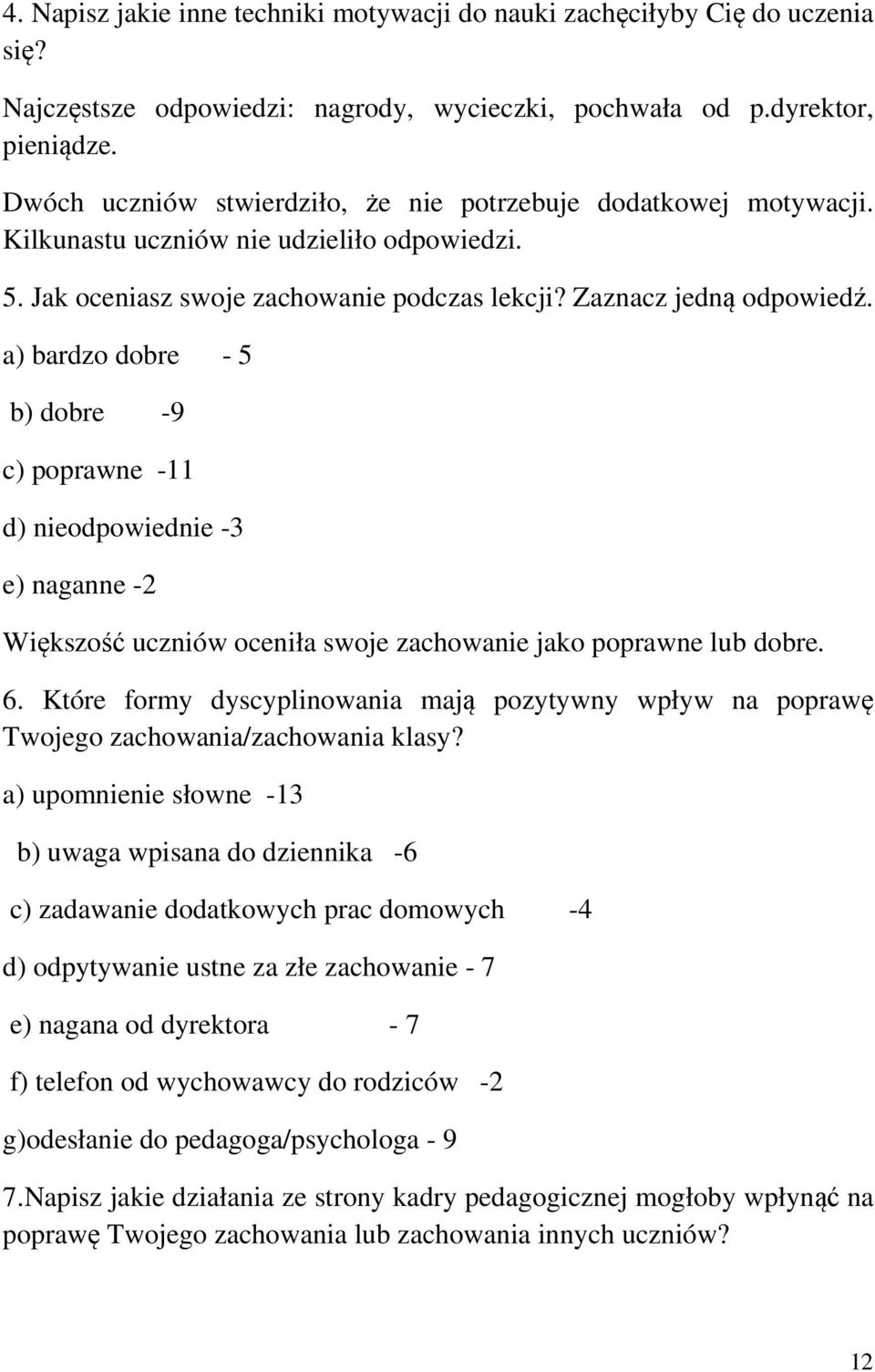 a) bardzo dobre - 5 b) dobre -9 c) poprawne -11 d) nieodpowiednie -3 e) naganne -2 Większość uczniów oceniła swoje zachowanie jako poprawne lub dobre. 6.