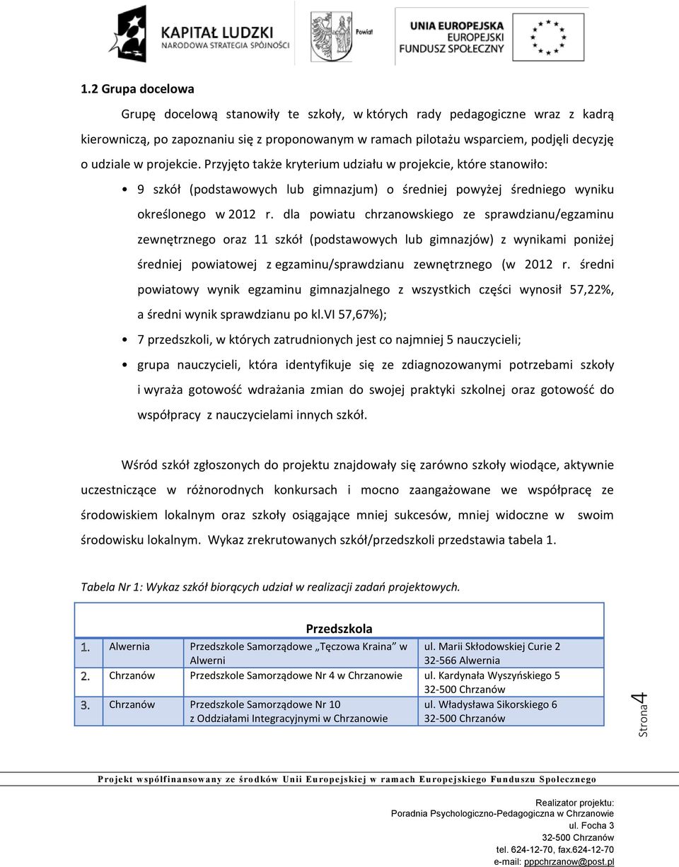 dla powiatu chrzanowskiego ze sprawdzianu/egzaminu zewnętrznego oraz 11 szkół (podstawowych lub gimnazjów) z wynikami poniżej średniej powiatowej z egzaminu/sprawdzianu zewnętrznego (w 2012 r.