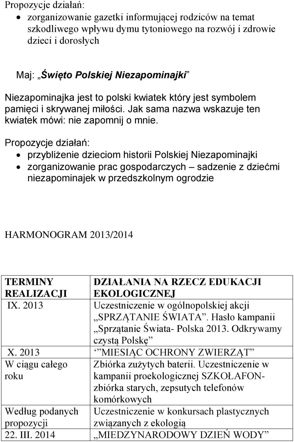 Propozycje działań: przybliżenie dzieciom historii Polskiej Niezapominajki zorganizowanie prac gospodarczych sadzenie z dziećmi niezapominajek w przedszkolnym ogrodzie HARMONOGRAM 2013/2014 TERMINY