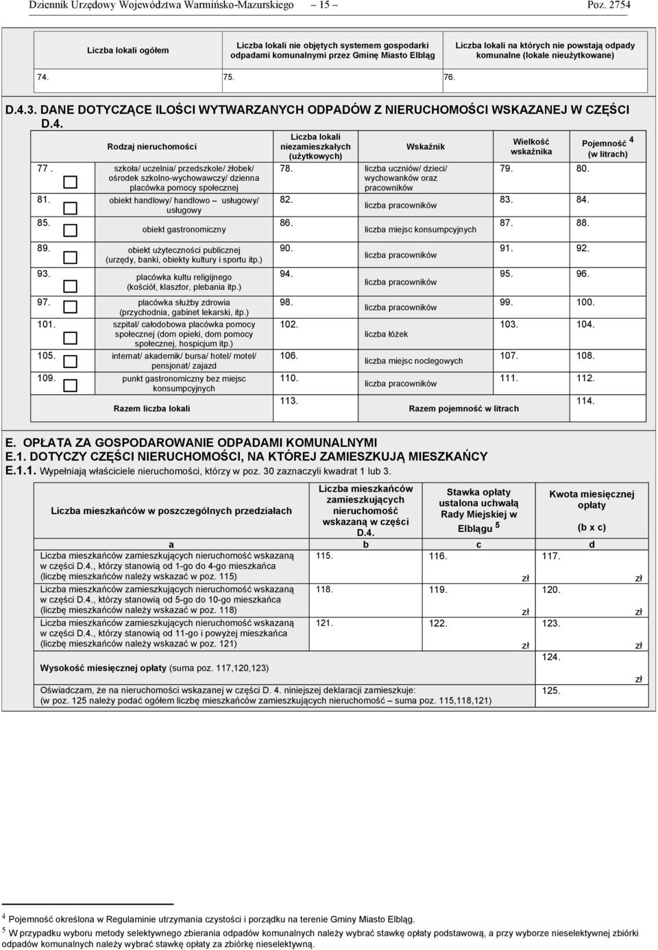 74. 75. 76. D.4.3. DANE DOTYCZĄCE ILOŚCI WYTWARZANYCH ODPADÓW Z NIERUCHOMOŚCI WSKAZANEJ W CZĘŚCI D.4. Rodzaj nieruchomości 77.