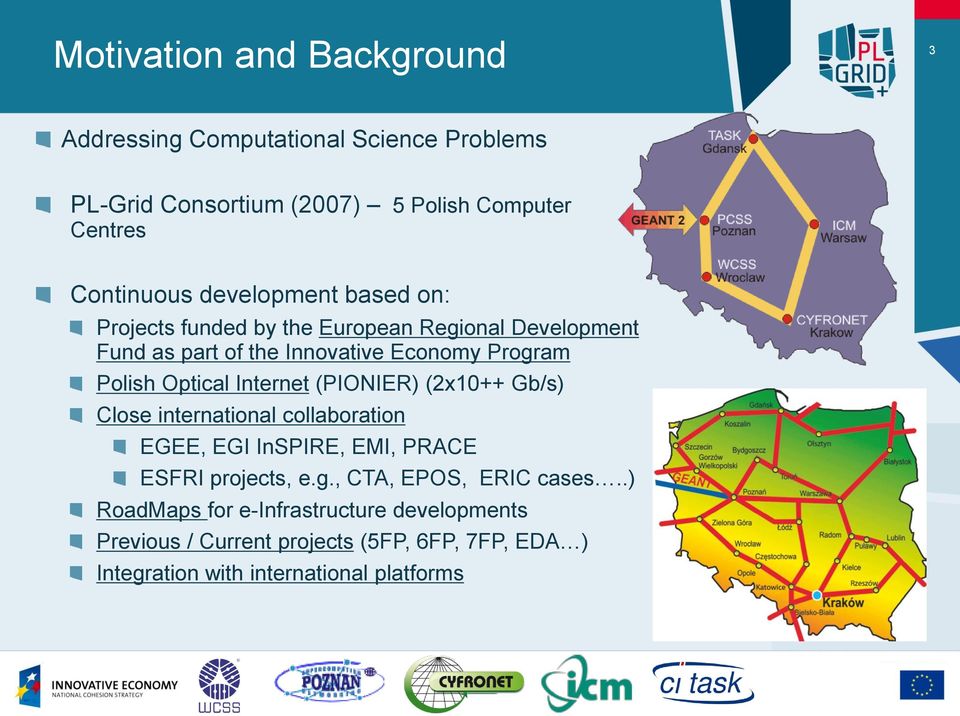 Internet (PIONIER) (2x10++ Gb/s) Close international collaboration EGEE, EGI InSPIRE, EMI, PRACE ESFRI projects, e.g.