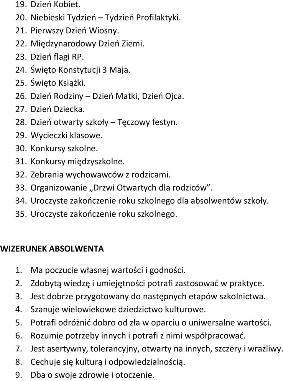 Zebrania wychowawców z rodzicami. 33. Organizowanie Drzwi Otwartych dla rodziców. 34. Uroczyste zakończenie roku szkolnego dla absolwentów szkoły. 35. Uroczyste zakończenie roku szkolnego. WIZERUNEK ABSOLWENTA 1.
