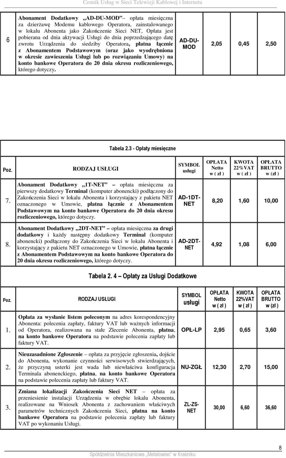 bankowe Operatora do 20 dnia okresu rozliczeniowego, którego dotyczy. AD-DU- MOD 2,05 0,45 2,50 Tabela 3 - Opłaty miesięczne 7.