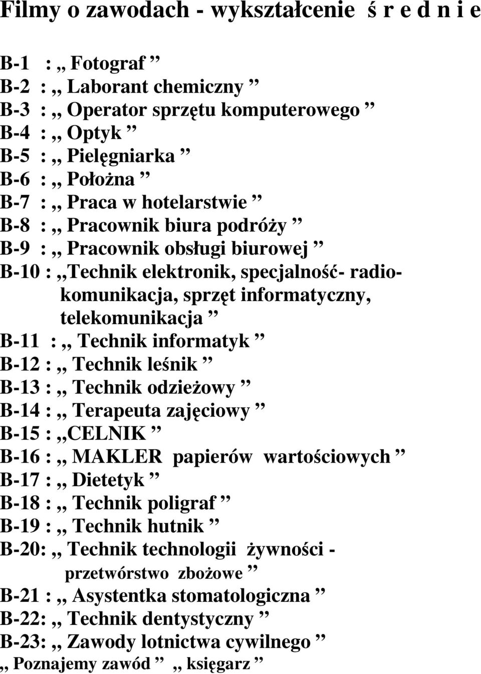 Technik informatyk B-12 : Technik leśnik B-13 : Technik odzieŝowy B-14 : Terapeuta zajęciowy B-15 : CELNIK B-16 : MAKLER papierów wartościowych B-17 : Dietetyk B-18 : Technik poligraf