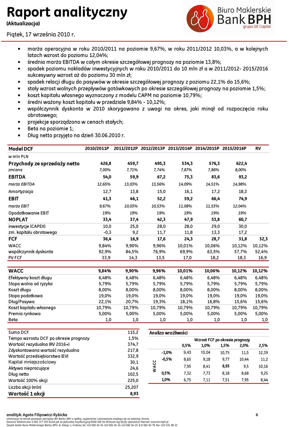 prognozy z poziomu 22,1% do 15,6%; stały wzrost wolnych przepływów gotówkowych po okresie szczegółowej prognozy na poziomie 1,5%; koszt kapitału własnego wyznaczony z modelu CAPM na poziomie 10,79%;