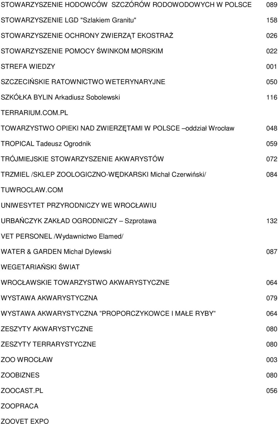 PL TOWARZYSTWO OPIEKI NAD ZWIERZĘTAMI W POLSCE oddział Wrocław 048 TROPICAL Tadeusz Ogrodnik 059 TRÓJMIEJSKIE STOWARZYSZENIE AKWARYSTÓW 072 TRZMIEL /SKLEP ZOOLOGICZNO-WĘDKARSKI Michał Czerwiński/ 084