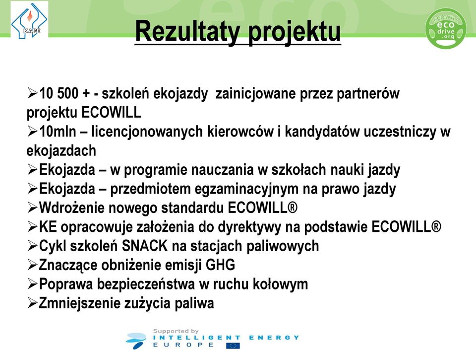 egzaminacyjnym na prawo jazdy Wdrożenie nowego standardu ECOWILL KE opracowuje założenia do dyrektywy na podstawie ECOWILL