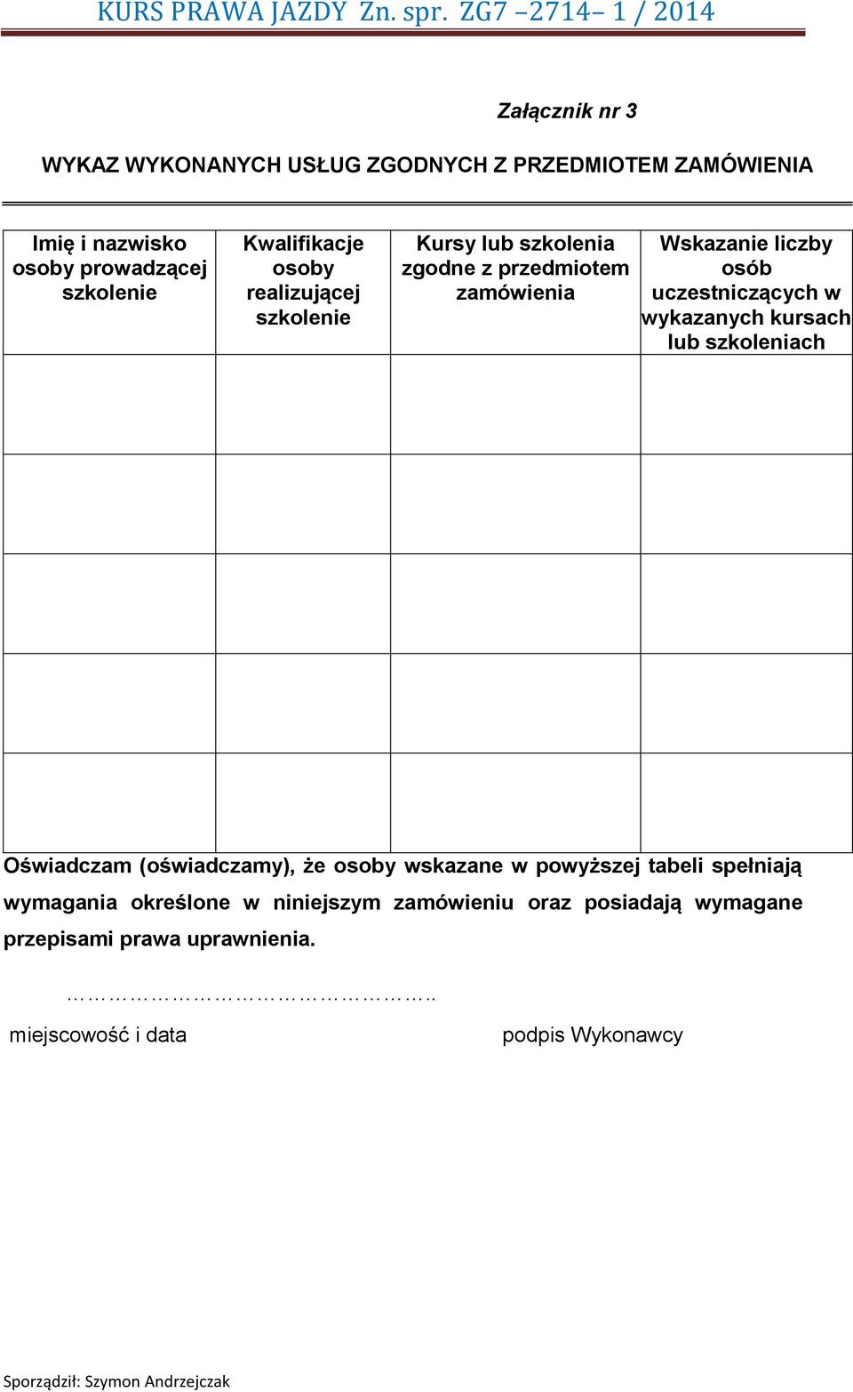 uczestniczących w wykazanych kursach lub szkoleniach Oświadczam (oświadczamy), że osoby wskazane w powyższej tabeli