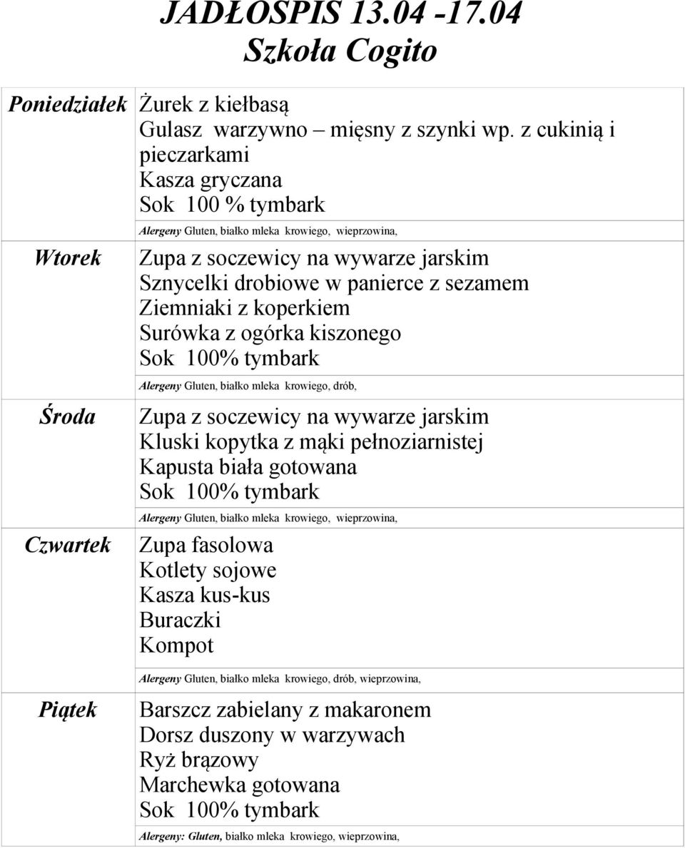 Gluten, białko mleka krowiego, drób, Zupa z soczewicy na wywarze jarskim Kluski kopytka z mąki pełnoziarnistej Kapusta biała gotowana Zupa fasolowa