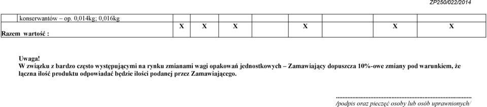 jednostkowych Zamawiający dopuszcza 10%-owe zmiany pod warunkiem, że łączna ilość