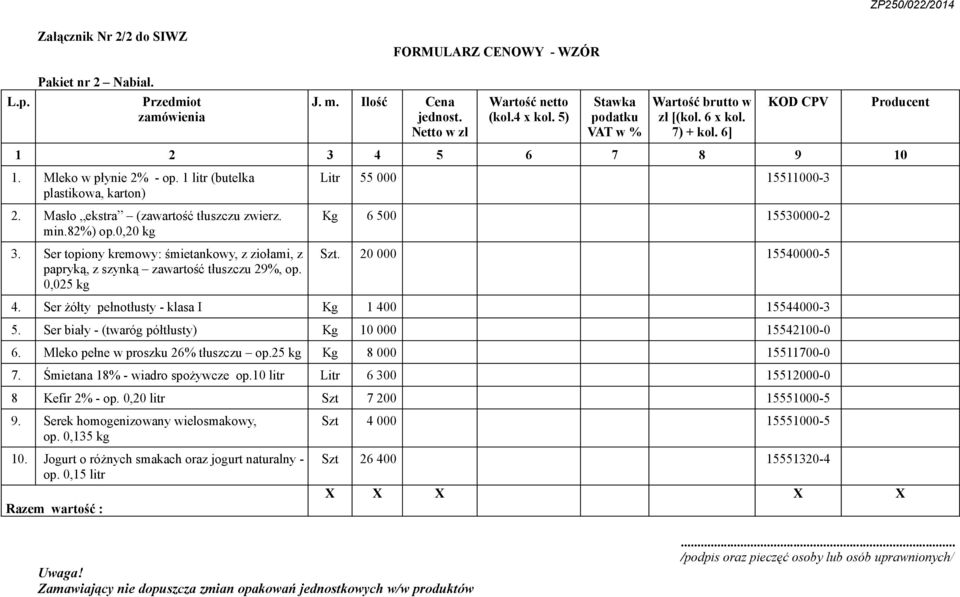 Masło ekstra (zawartość tłuszczu zwierz. min.82%) op.0,20 kg 3. Ser topiony kremowy: śmietankowy, z ziołami, z papryką, z szynką zawartość tłuszczu 29%, op.