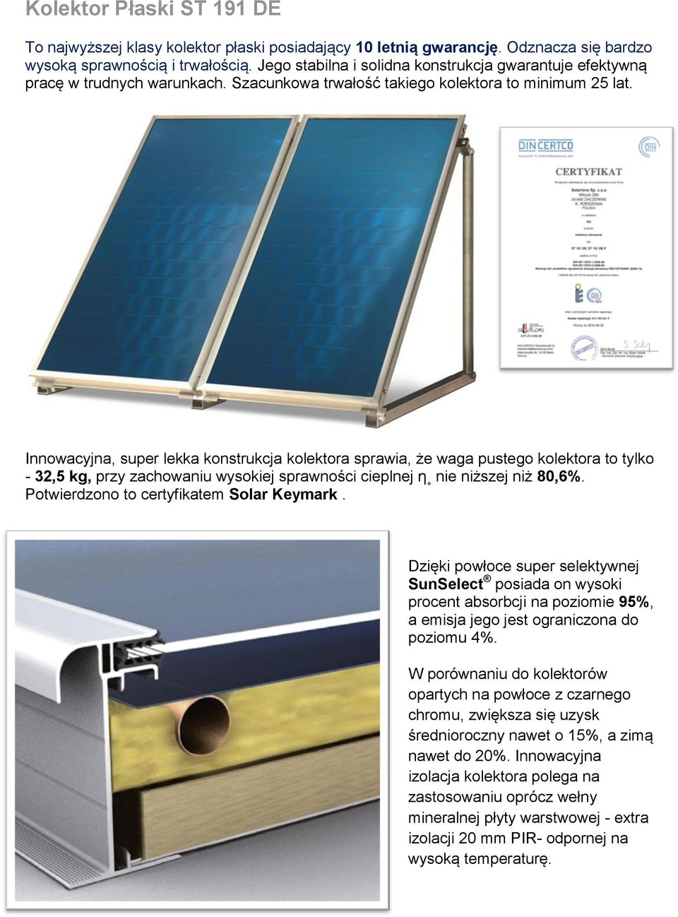 Innowacyjna, super lekka konstrukcja kolektora sprawia, że waga pustego kolektora to tylko - 32,5 kg, przy zachowaniu wysokiej sprawności cieplnej η nie niższej niż 80,6%.