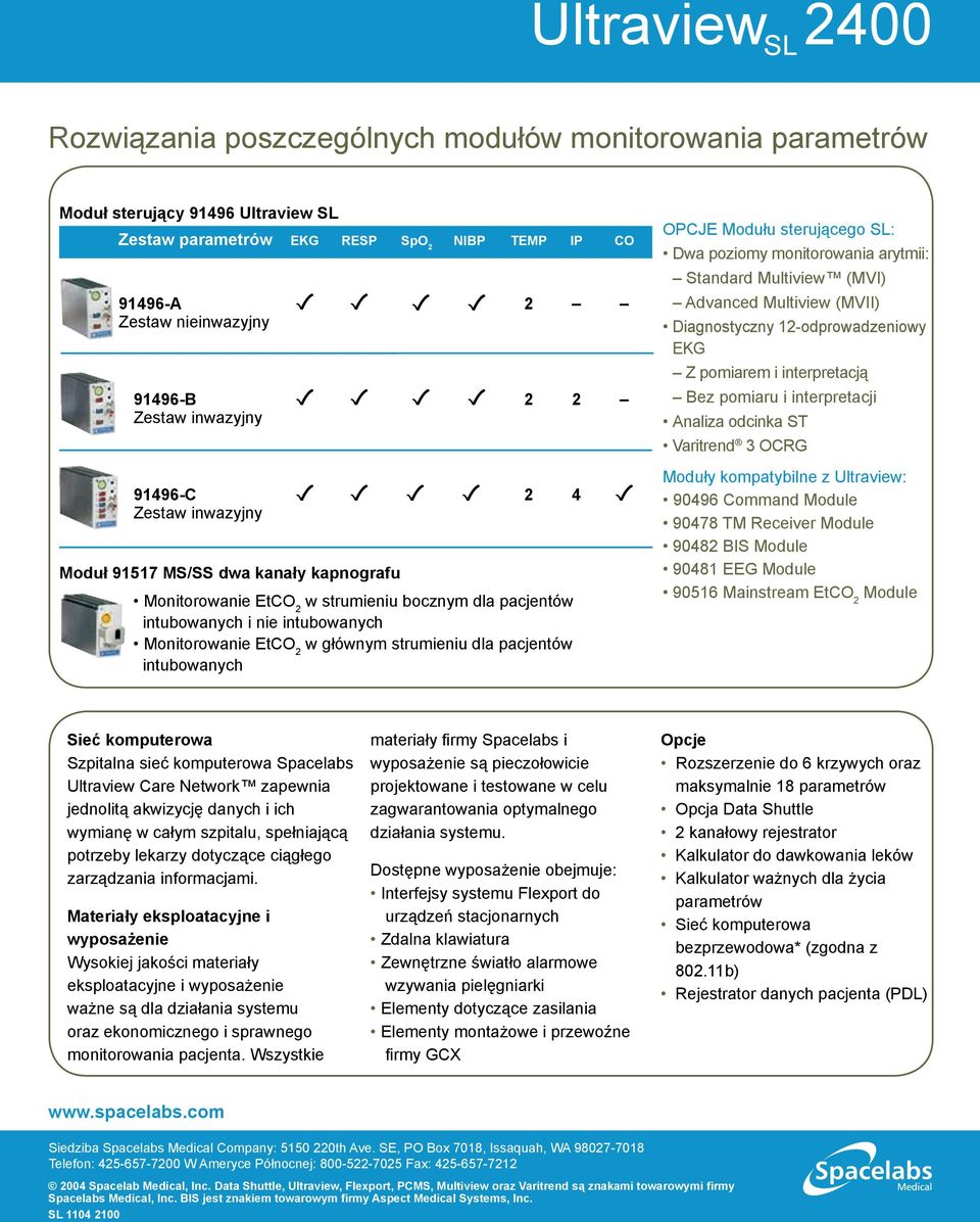 strumieniu dla pacjentów intubowanych OPCJE Modułu sterującego SL: Dwa poziomy monitorowania arytmii: Standard Multiview (MVI) Advanced Multiview (MVII) Diagnostyczny 12-odprowadzeniowy EKG Z