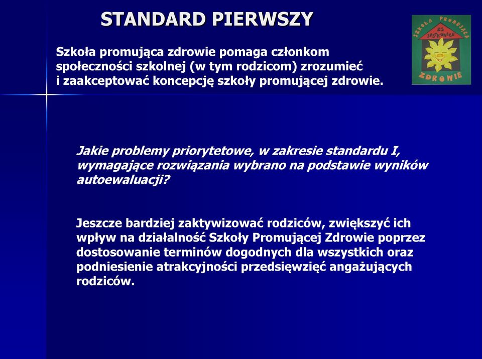 Jakie problemy priorytetowe, w zakresie standardu I, wymagające rozwiązania wybrano na podstawie wyników autoewaluacji?