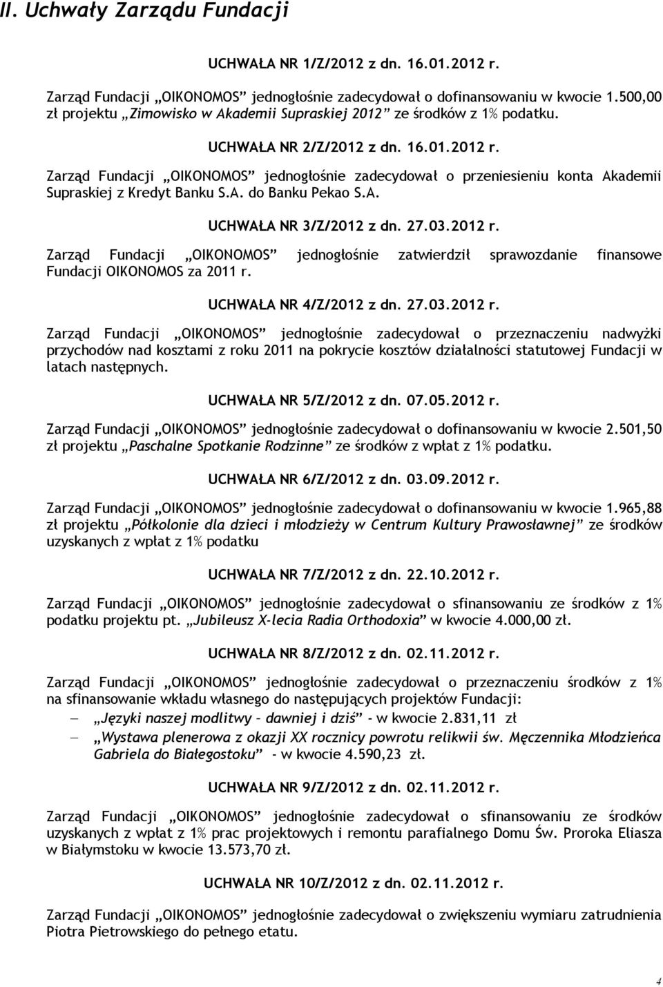Zarząd Fundacji OIKONOMOS jednogłośnie zadecydował o przeniesieniu konta Akademii Supraskiej z Kredyt Banku S.A. do Banku Pekao S.A. UCHWAŁA NR 3/Z/2012 z dn. 27.03.2012 r.