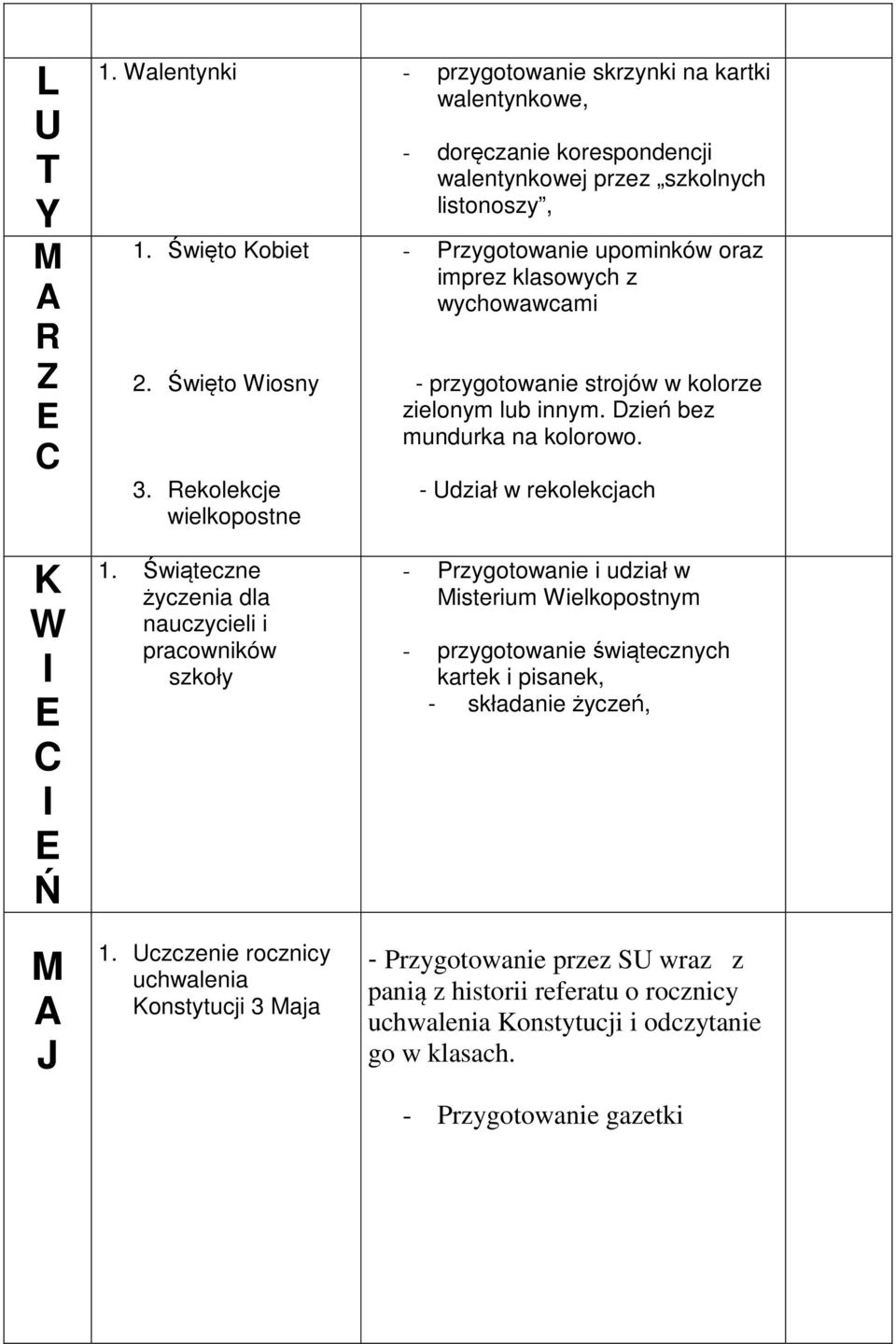 kolorze zielonym lub innym. Dzień bez mundurka na kolorowo. - Udział w rekolekcjach K W M J 1. Świąteczne życzenia dla nauczycieli i pracowników szkoły 1.