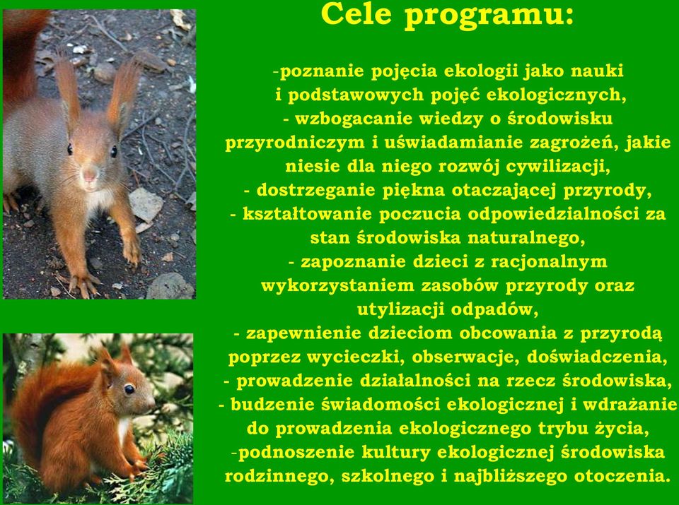 wykorzystaniem zasobów przyrody oraz utylizacji odpadów, - zapewnienie dzieciom obcowania z przyrodą poprzez wycieczki, obserwacje, doświadczenia, - prowadzenie działalności na rzecz