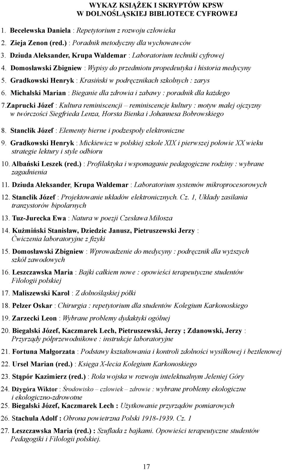 Gradkowski Henryk : Krasiński w podręcznikach szkolnych : zarys 6. Michalski Marian : Bieganie dla zdrowia i zabawy : poradnik dla każdego 7.